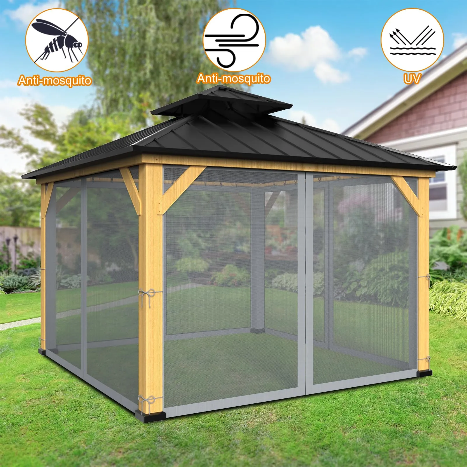 10-ft x 10-ft Gazebo Netting,Gazebo Replacement Mosquito Netting,Universal 4-Panel Mesh Screen Walls with Zippers(Only Netting)-Grey