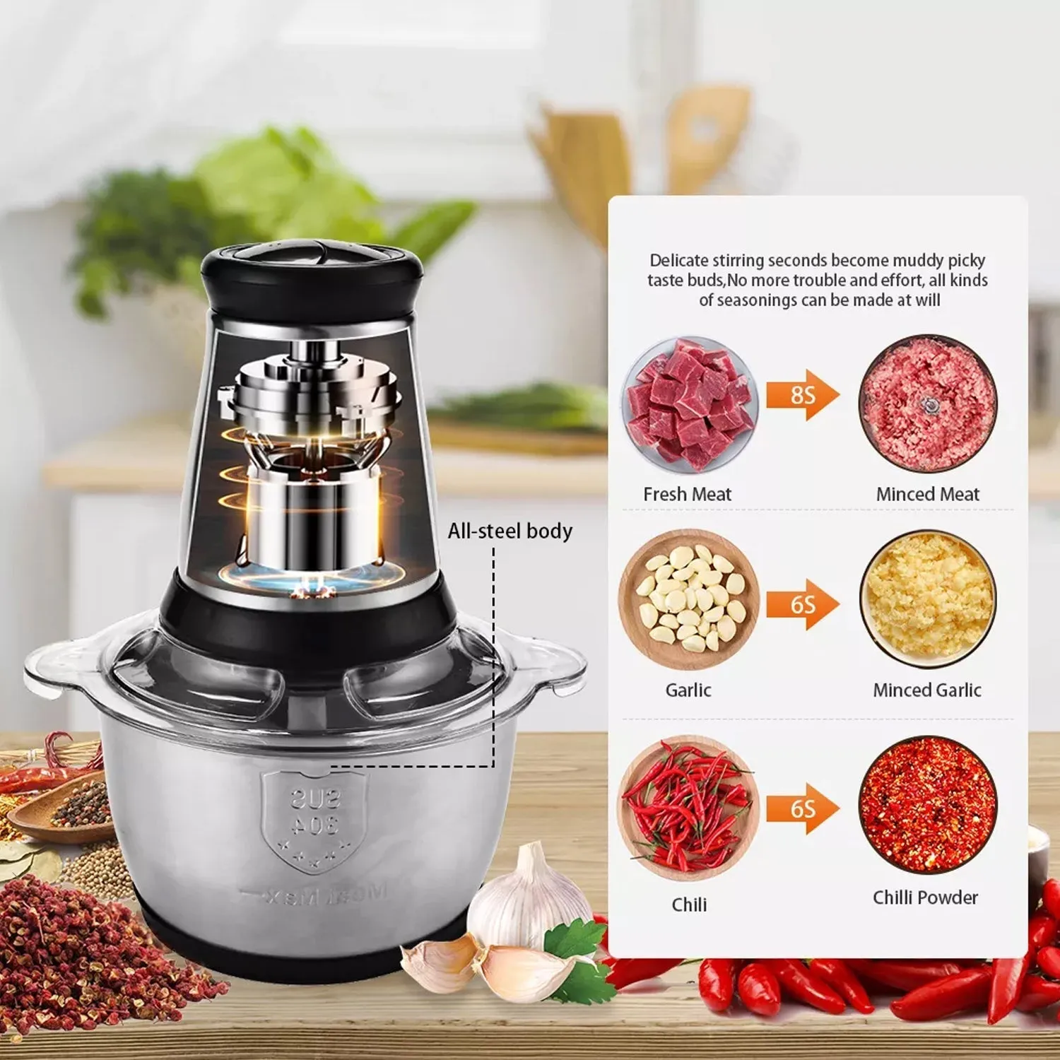 3Ltr Electric Food Processor Stainless Steel Onion Cutter Multi Chopper 2 Speed Levels 5 Blades Universal Chopper for kitchen