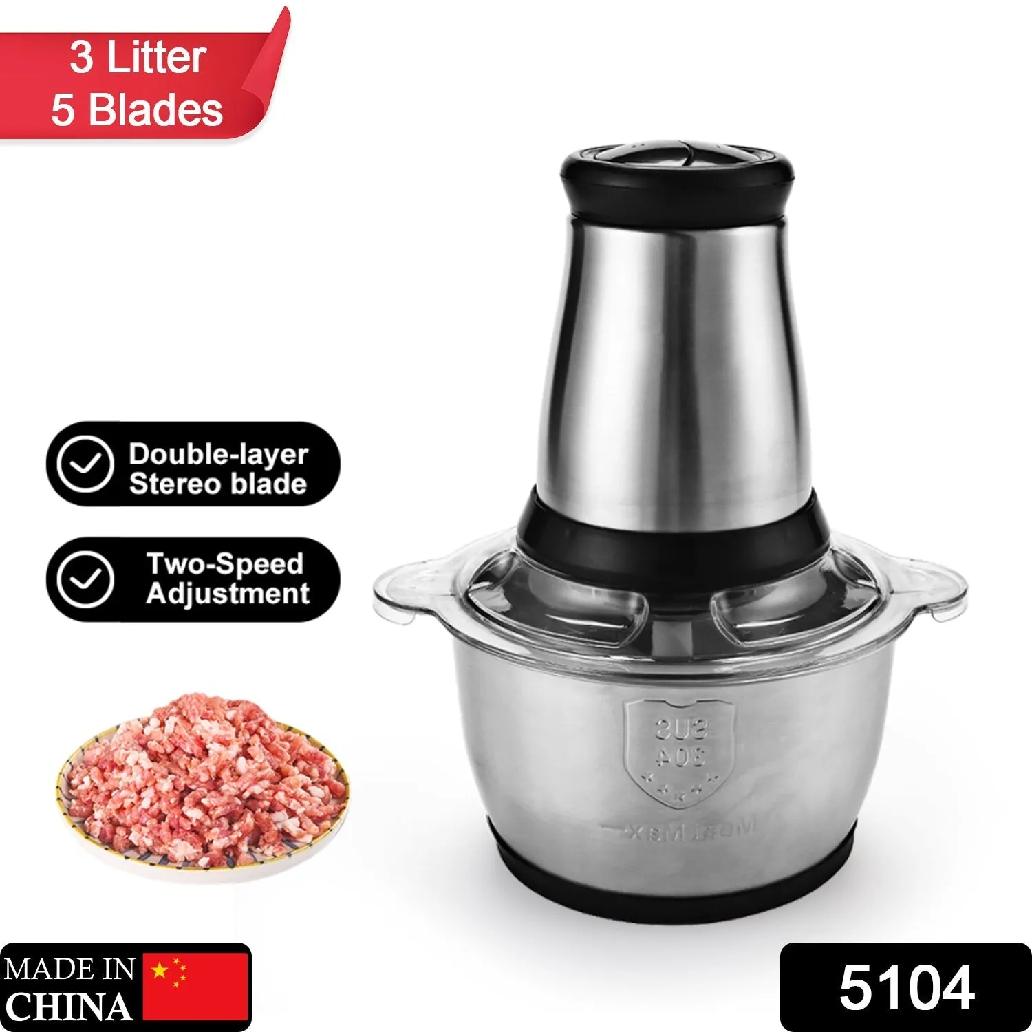 3Ltr Electric Food Processor Stainless Steel Onion Cutter Multi Chopper 2 Speed Levels 5 Blades Universal Chopper for kitchen