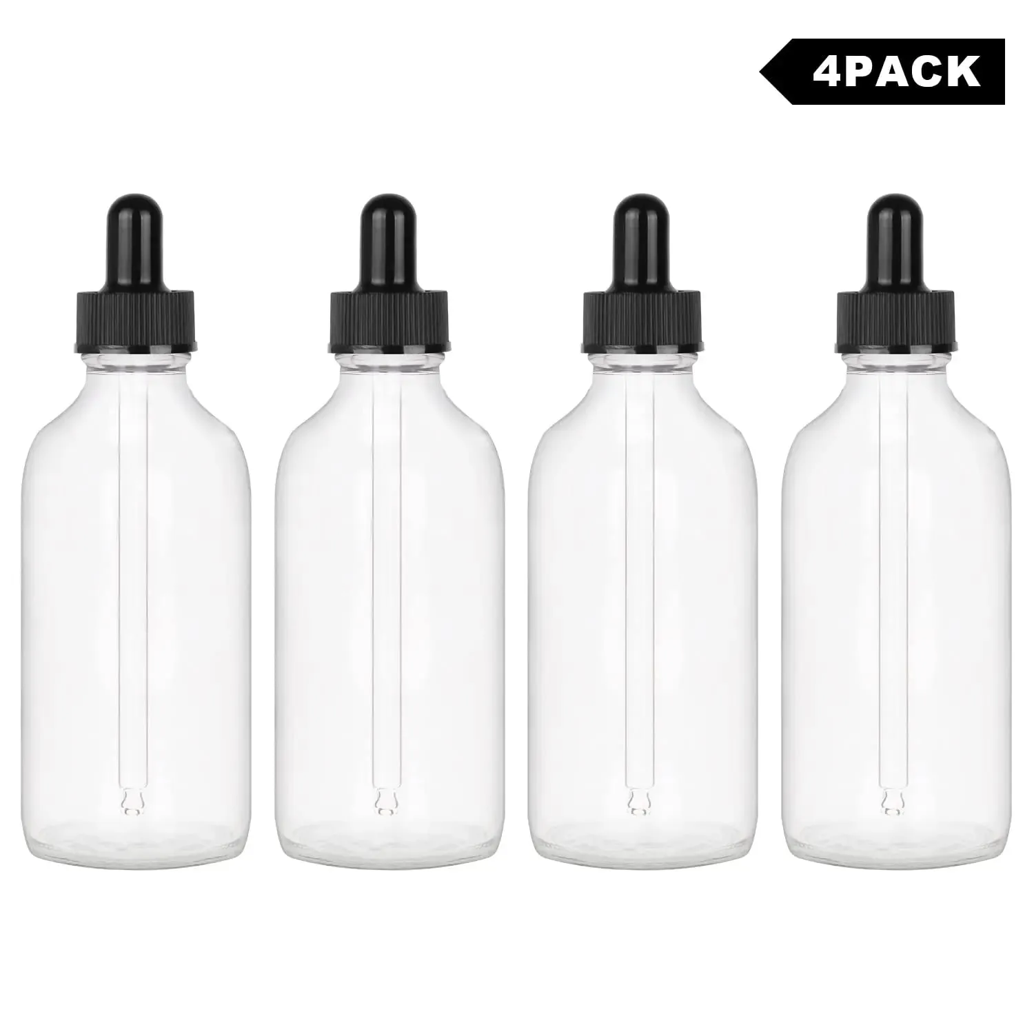 4 Pack Glass Dropper Bottle with Inner Plug and Label (60 ml, Transparent)