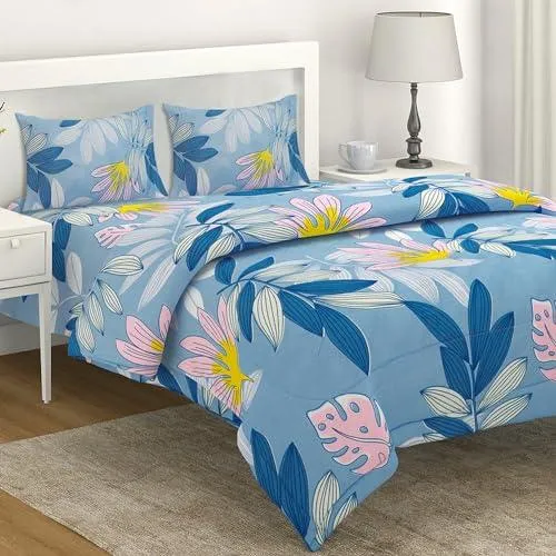 AC Comforter and Bedding Set for Double Bed, Sky Blue Tropical leaves