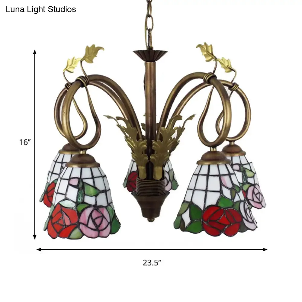 Adjustable Chain Rustic Chandelier - Rose Hanging Light, 5 Lights, Stained Glass, Red