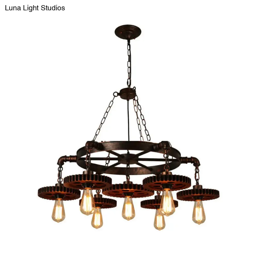 Antique Bronze Wood Carved Gear Chandelier: Loft-Style Pendant Lamp with 1/3/7-Bulb Bistro Down Lighting