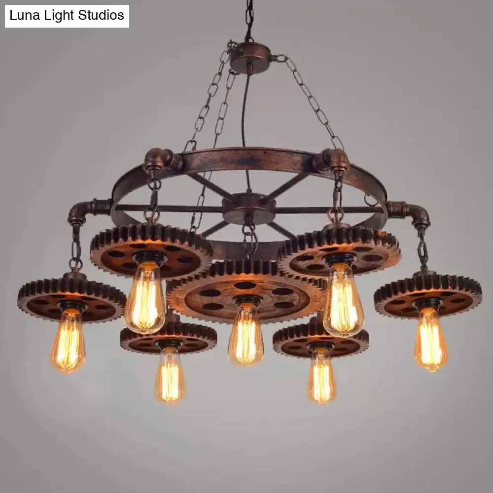 Antique Bronze Wood Carved Gear Chandelier: Loft-Style Pendant Lamp with 1/3/7-Bulb Bistro Down Lighting