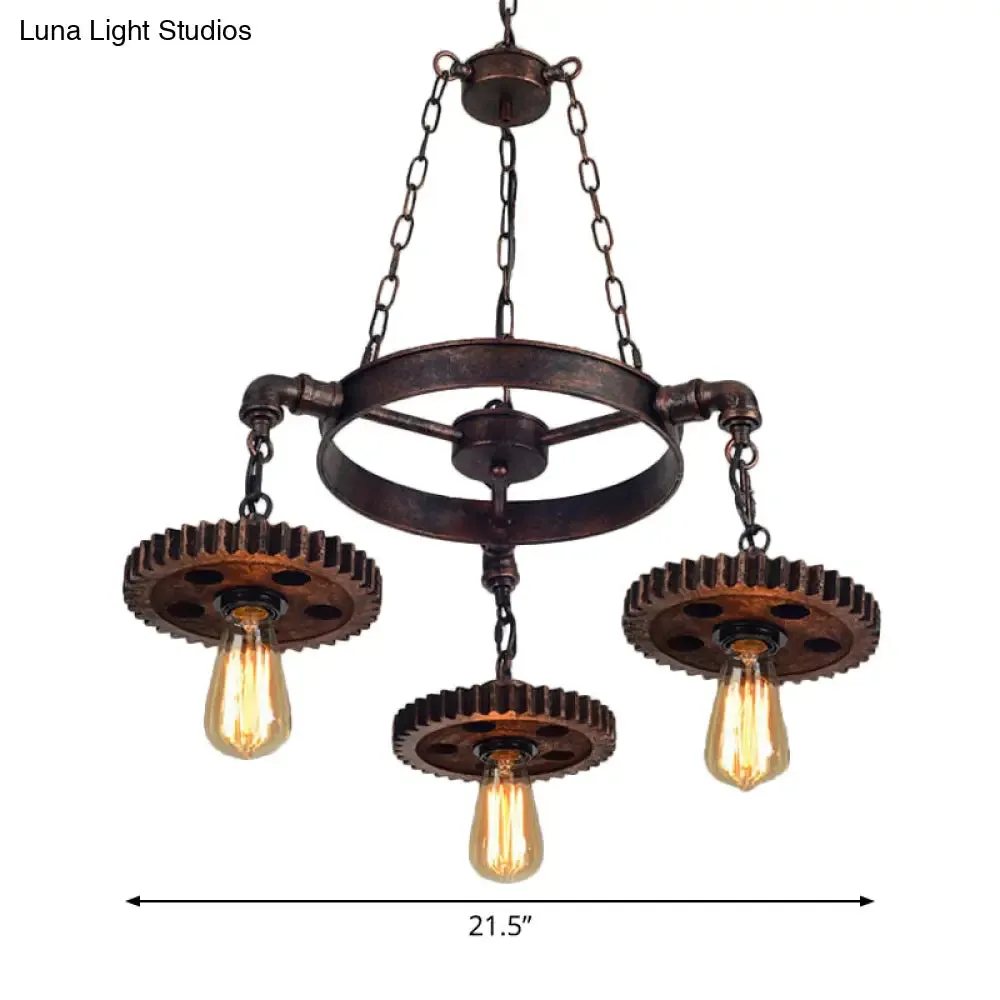 Antique Bronze Wood Carved Gear Chandelier: Loft-Style Pendant Lamp with 1/3/7-Bulb Bistro Down Lighting