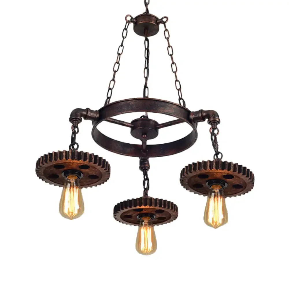 Antique Bronze Wood Carved Gear Chandelier: Loft-Style Pendant Lamp with 1/3/7-Bulb Bistro Down Lighting