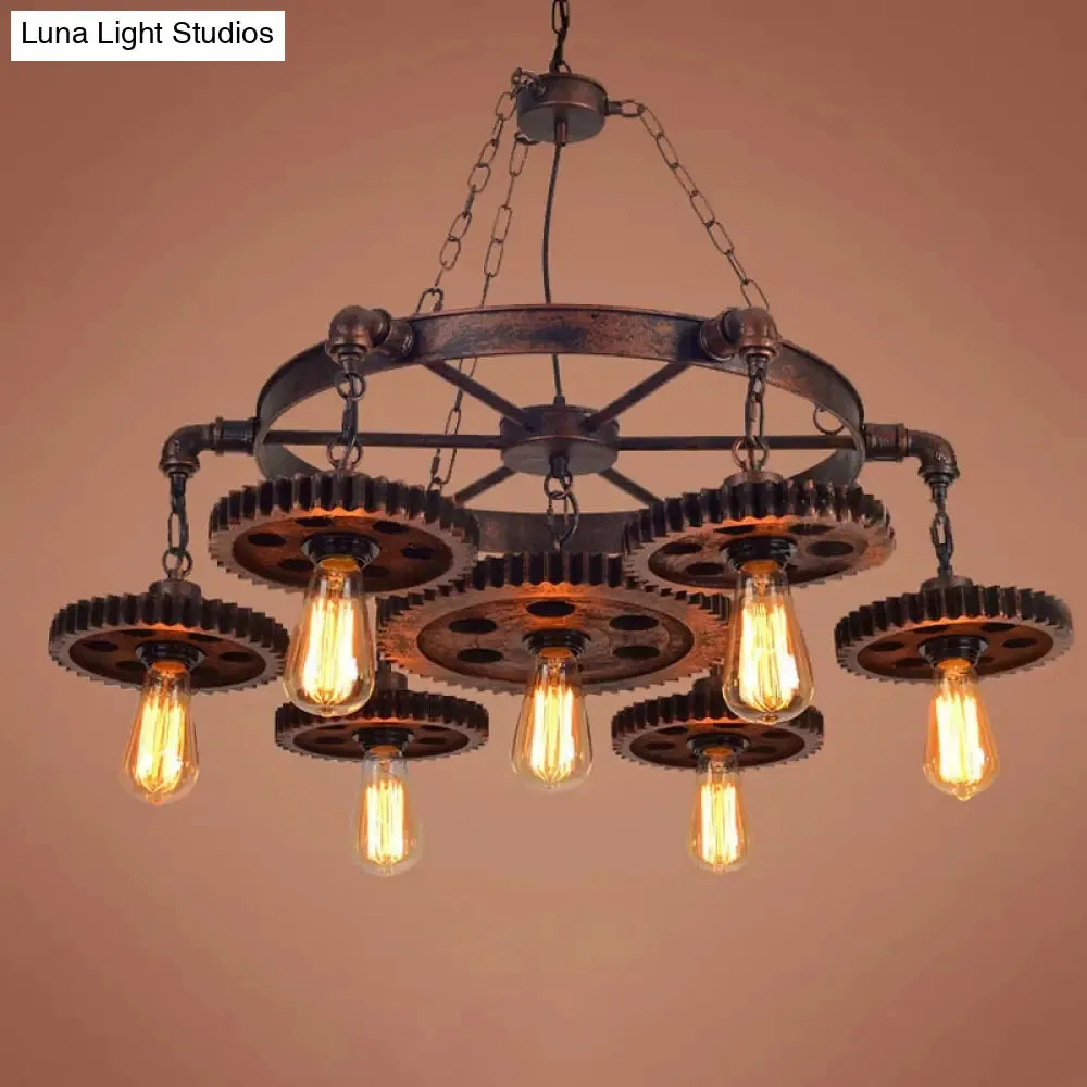 Antique Bronze Wood Carved Gear Chandelier: Loft-Style Pendant Lamp with 1/3/7-Bulb Bistro Down Lighting