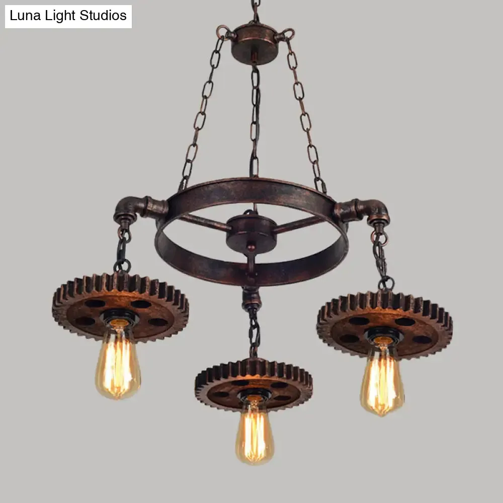 Antique Bronze Wood Carved Gear Chandelier: Loft-Style Pendant Lamp with 1/3/7-Bulb Bistro Down Lighting