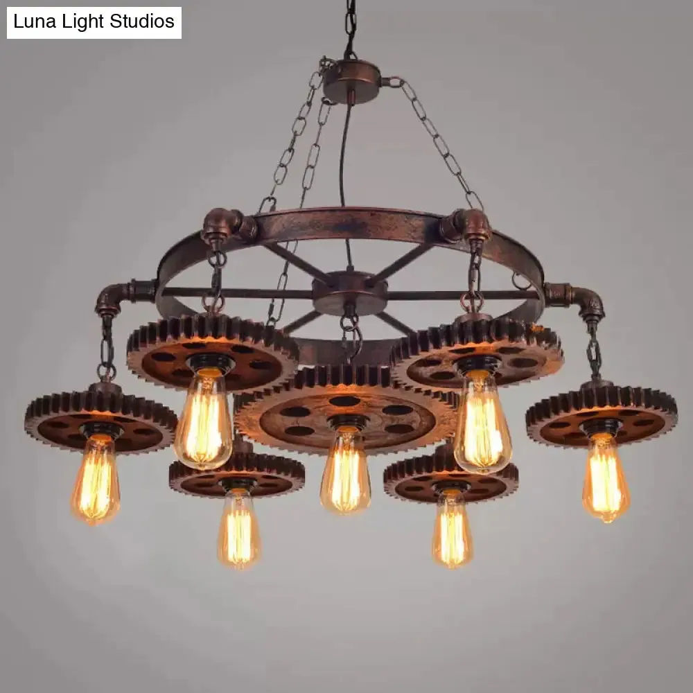 Antique Bronze Wood Carved Gear Chandelier: Loft-Style Pendant Lamp with 1/3/7-Bulb Bistro Down Lighting