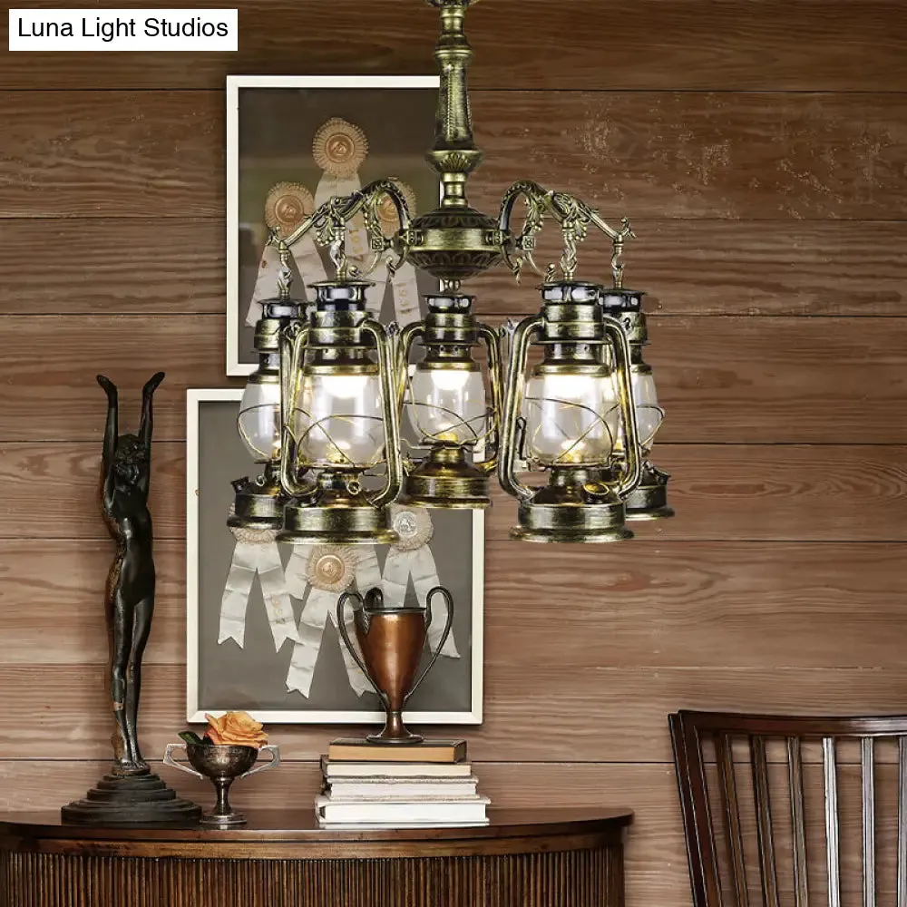 Antique Bronze/Copper Kerosene Pendant Chandelier with Clear Glass - 5 Lights Stylish Ceiling Fixture for Dining Room