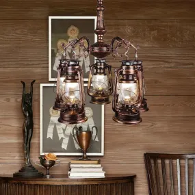 Antique Bronze/Copper Kerosene Pendant Chandelier with Clear Glass - 5 Lights Stylish Ceiling Fixture for Dining Room