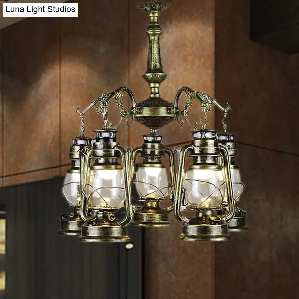 Antique Bronze/Copper Kerosene Pendant Chandelier with Clear Glass - 5 Lights Stylish Ceiling Fixture for Dining Room