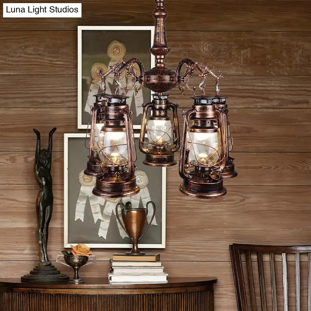 Antique Bronze/Copper Kerosene Pendant Chandelier with Clear Glass - 5 Lights Stylish Ceiling Fixture for Dining Room