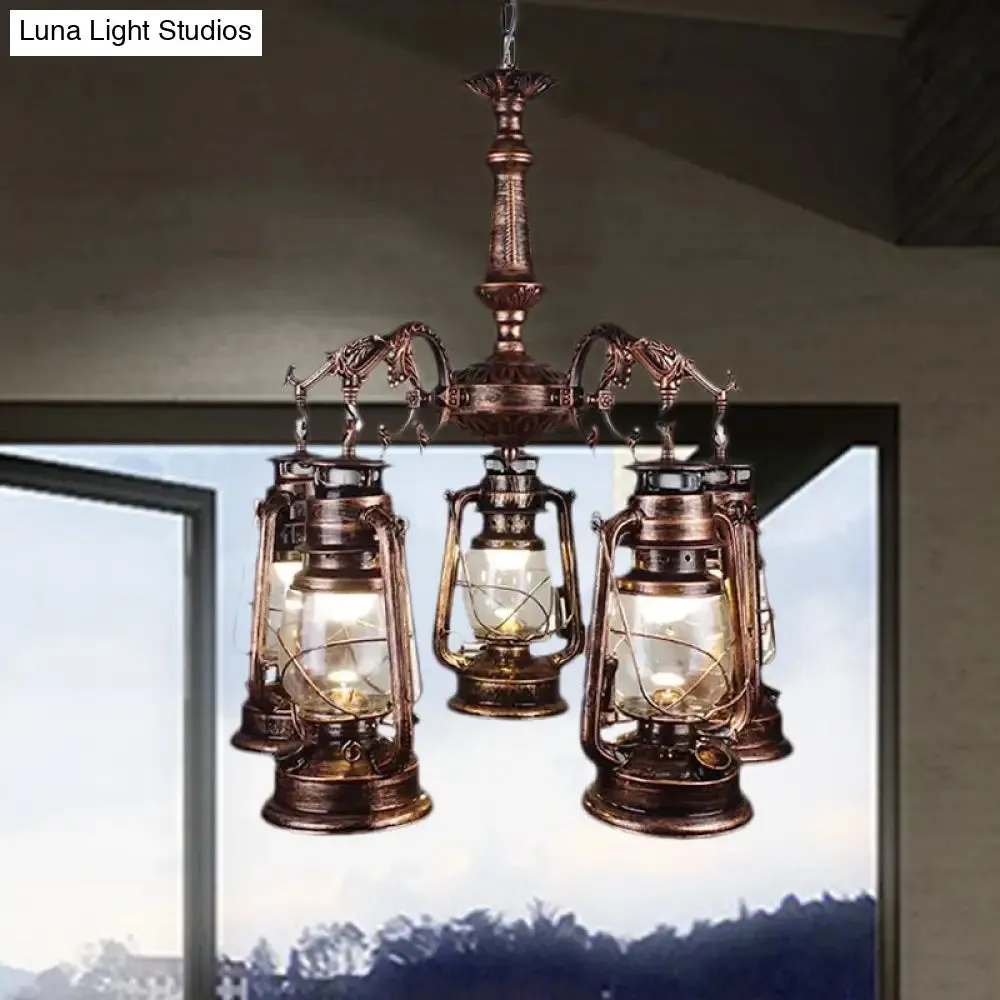 Antique Bronze/Copper Kerosene Pendant Chandelier with Clear Glass - 5 Lights Stylish Ceiling Fixture for Dining Room