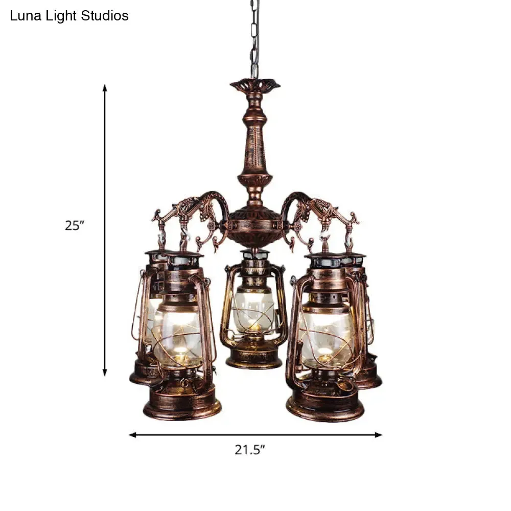 Antique Bronze/Copper Kerosene Pendant Chandelier with Clear Glass - 5 Lights Stylish Ceiling Fixture for Dining Room