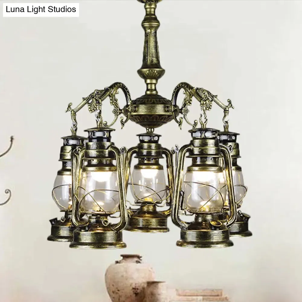 Antique Bronze/Copper Kerosene Pendant Chandelier with Clear Glass - 5 Lights Stylish Ceiling Fixture for Dining Room