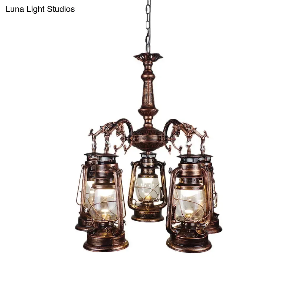 Antique Bronze/Copper Kerosene Pendant Chandelier with Clear Glass - 5 Lights Stylish Ceiling Fixture for Dining Room