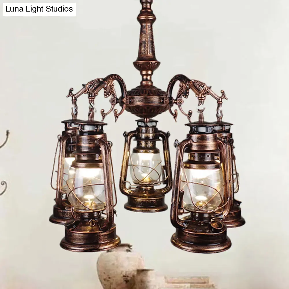 Antique Bronze/Copper Kerosene Pendant Chandelier with Clear Glass - 5 Lights Stylish Ceiling Fixture for Dining Room