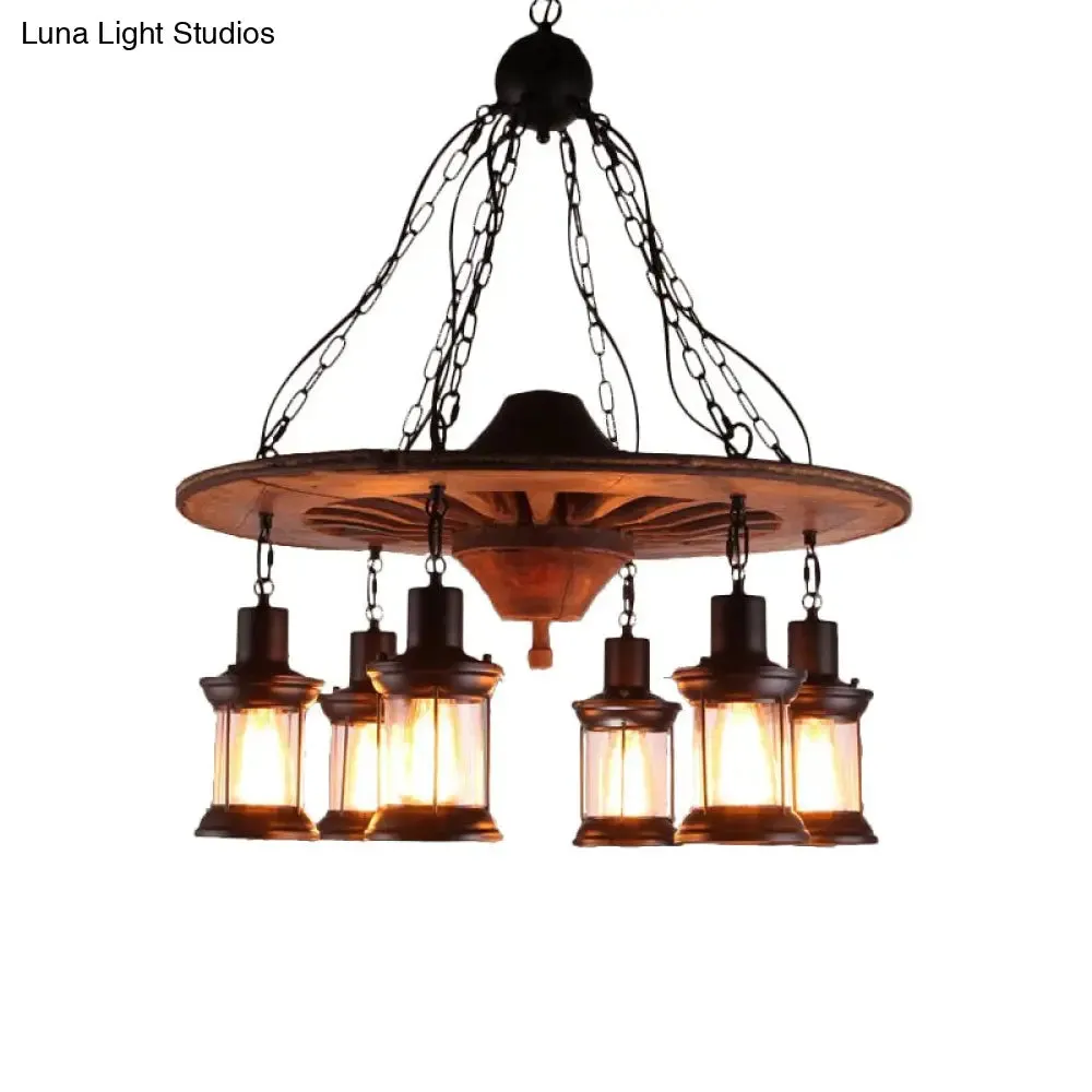 Antique Wooden Style Wheel Chandelier  6 Heads Black Ceiling Light with Lantern Clear Glass Shade