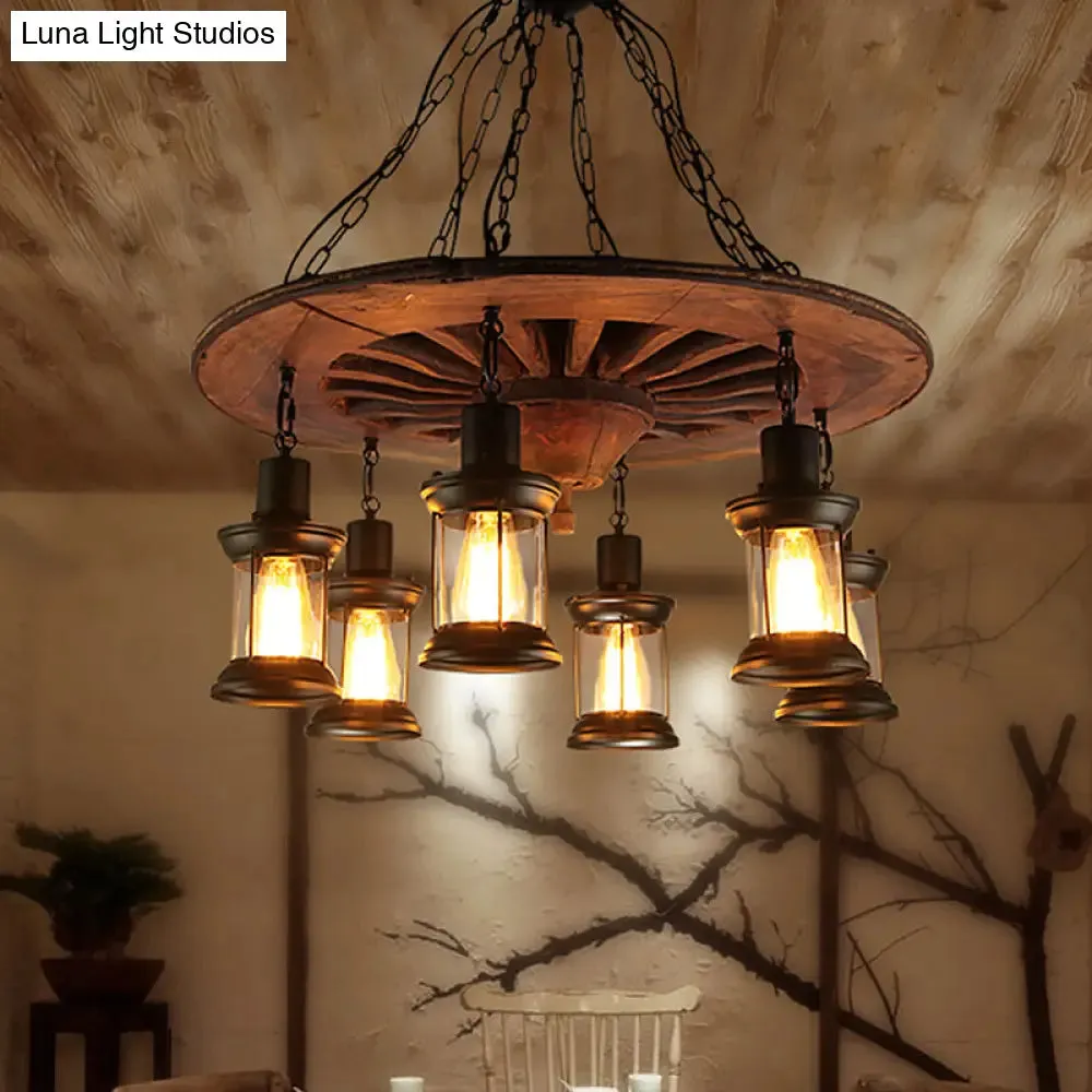 Antique Wooden Style Wheel Chandelier  6 Heads Black Ceiling Light with Lantern Clear Glass Shade