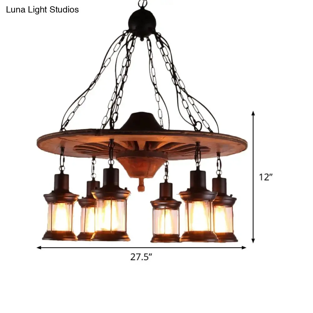 Antique Wooden Style Wheel Chandelier  6 Heads Black Ceiling Light with Lantern Clear Glass Shade