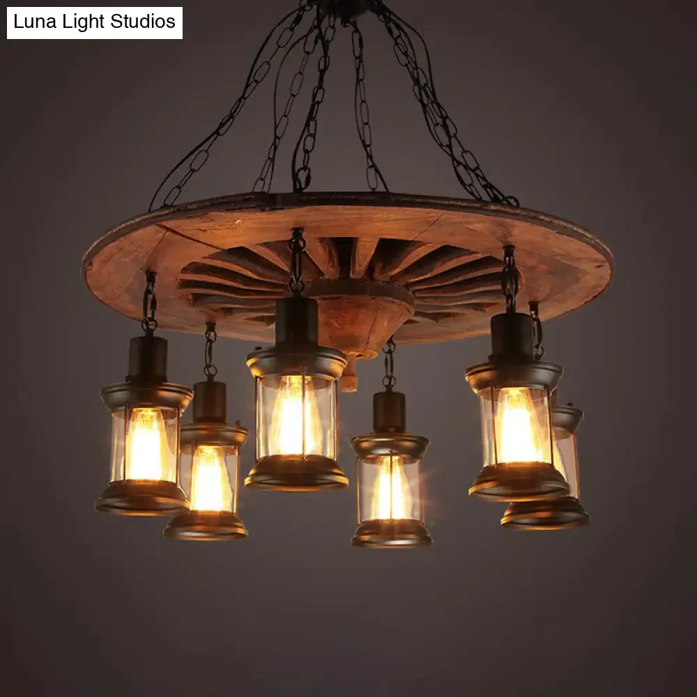 Antique Wooden Style Wheel Chandelier  6 Heads Black Ceiling Light with Lantern Clear Glass Shade