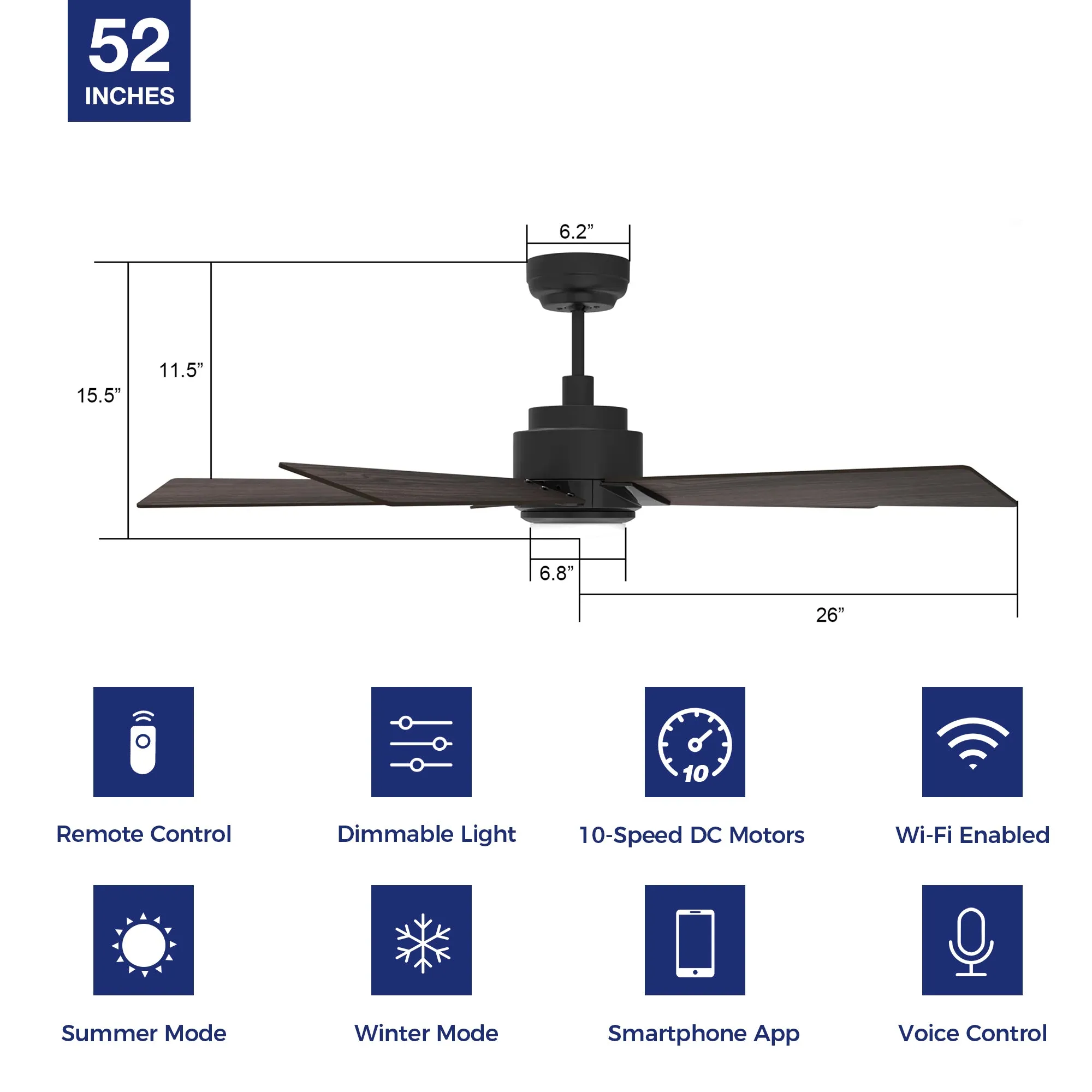 Aspen Smart Ceiling Fan with LED Light and Remote Outdoor/Indoor 52"