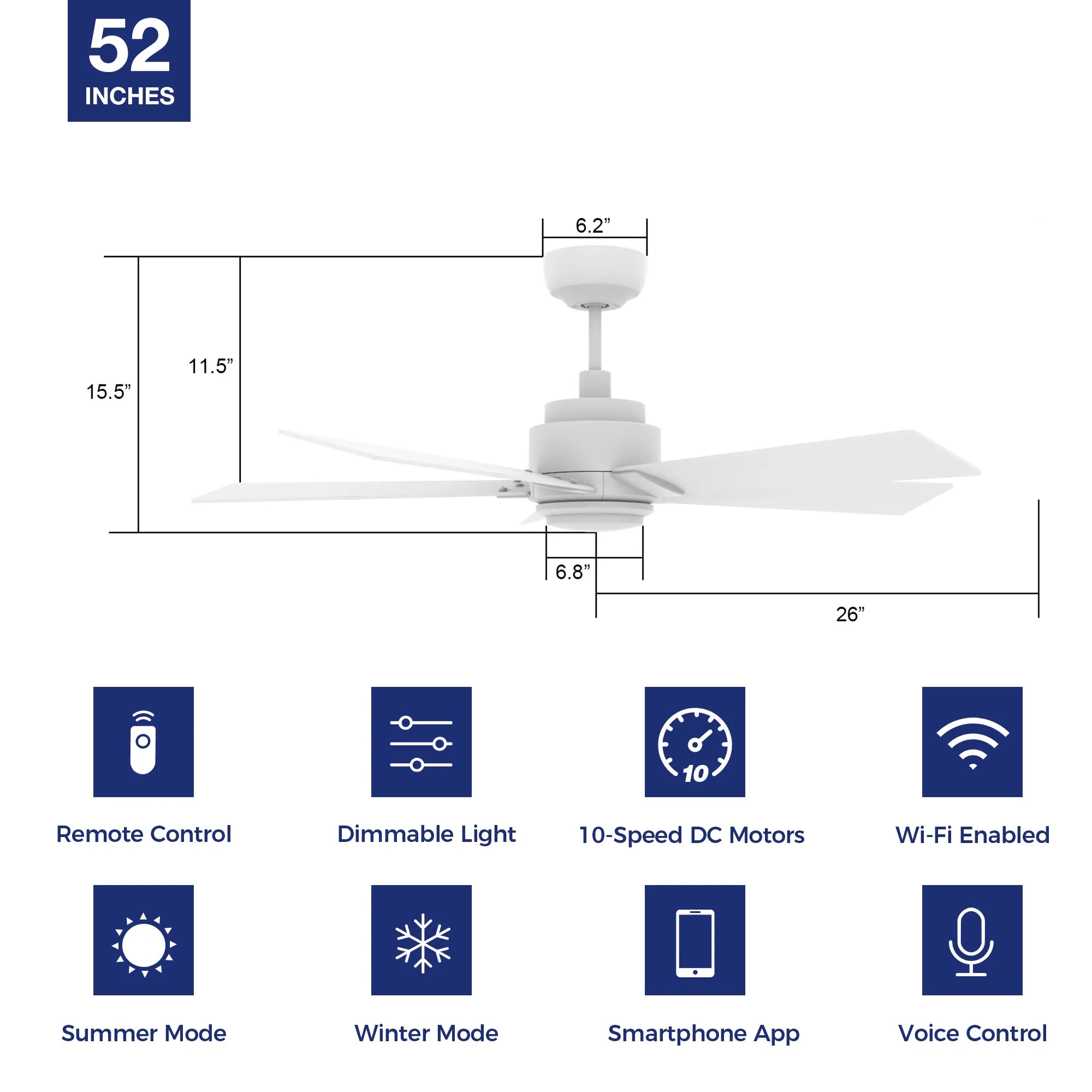 Aspen Smart Ceiling Fan with LED Light and Remote Outdoor/Indoor 52"