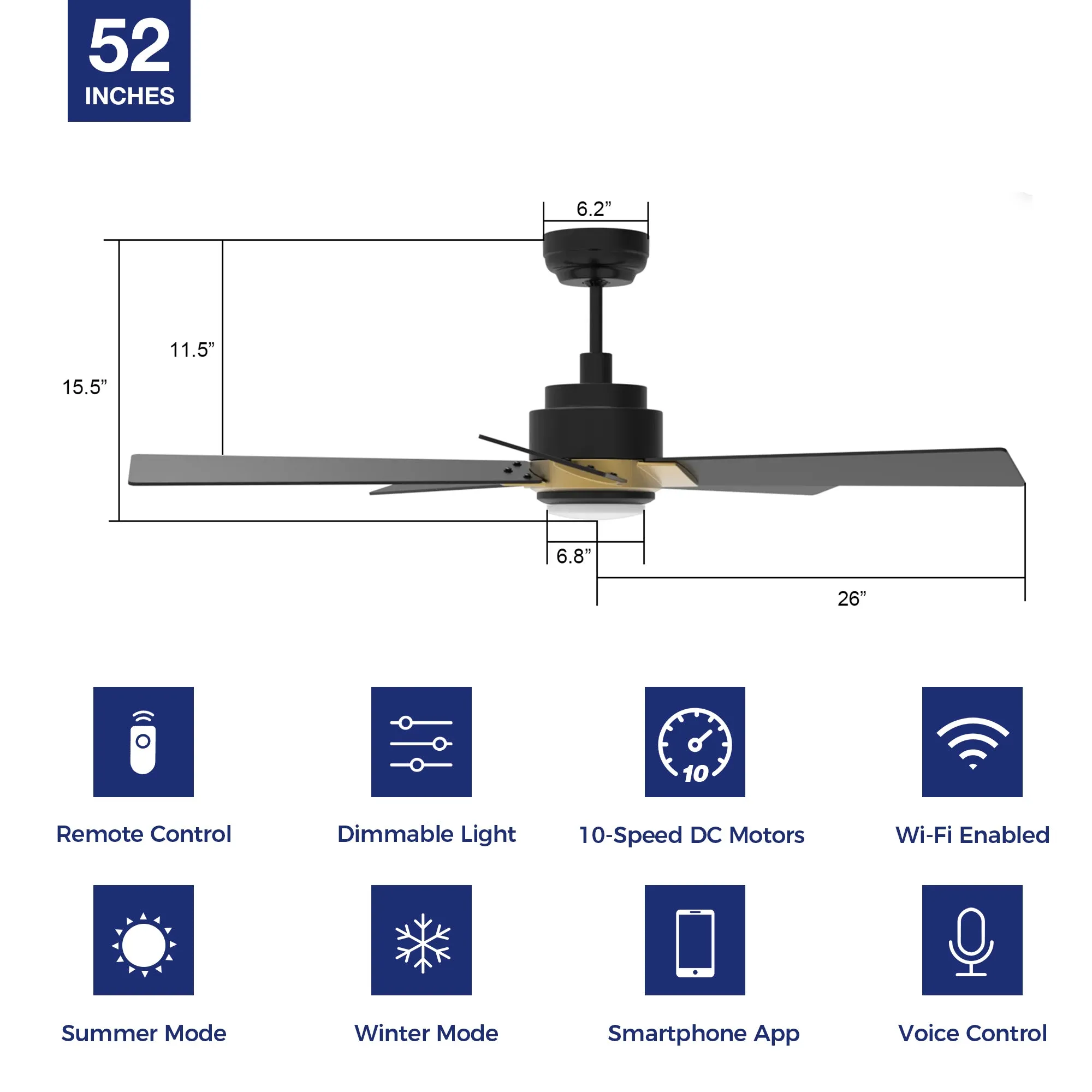 Aspen Smart Ceiling Fan with LED Light and Remote Outdoor/Indoor 52"