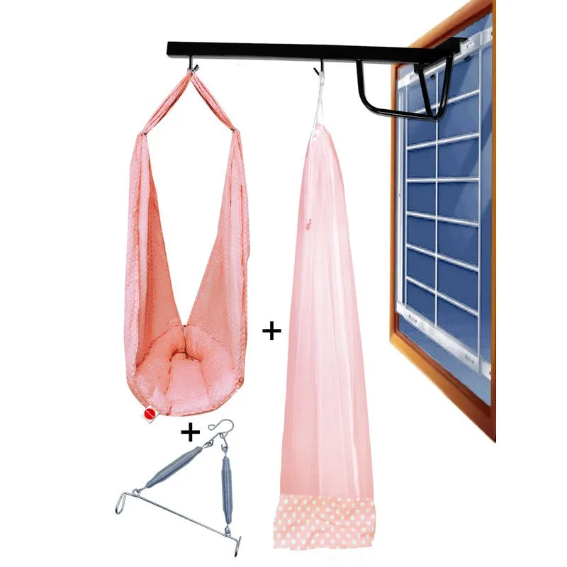 Baby Swing Cradle with Mosquito Net Spring and Metal Window Cradle Hanger (Peach)