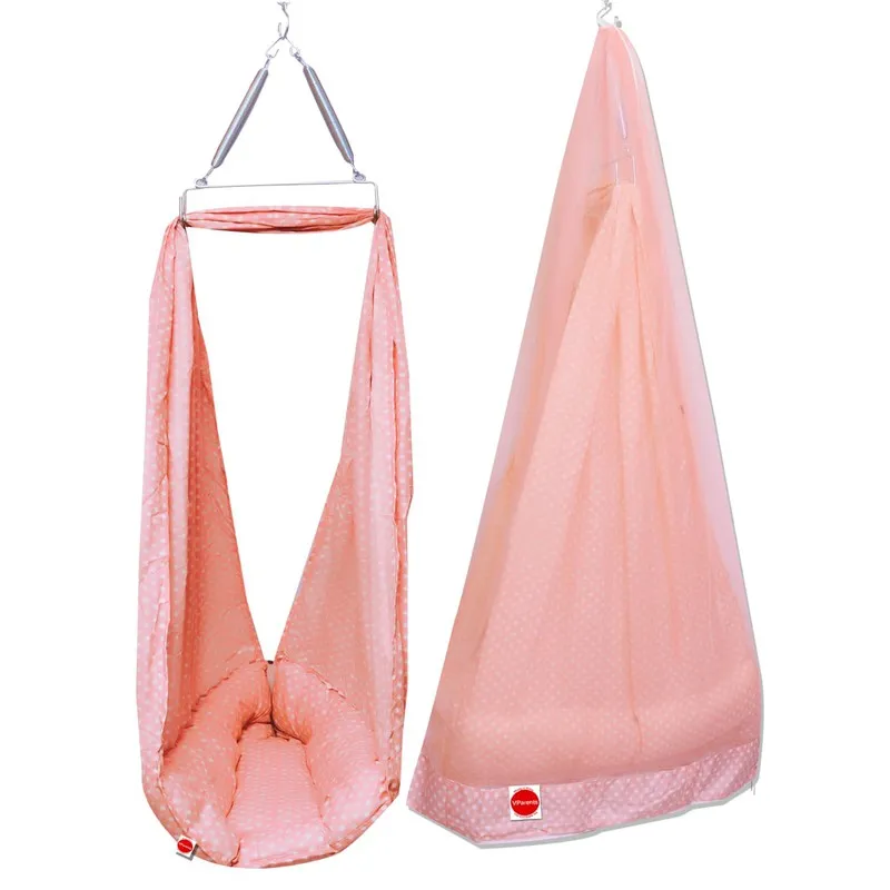 Baby Swing Cradle with Mosquito Net Spring and Metal Window Cradle Hanger (Peach)