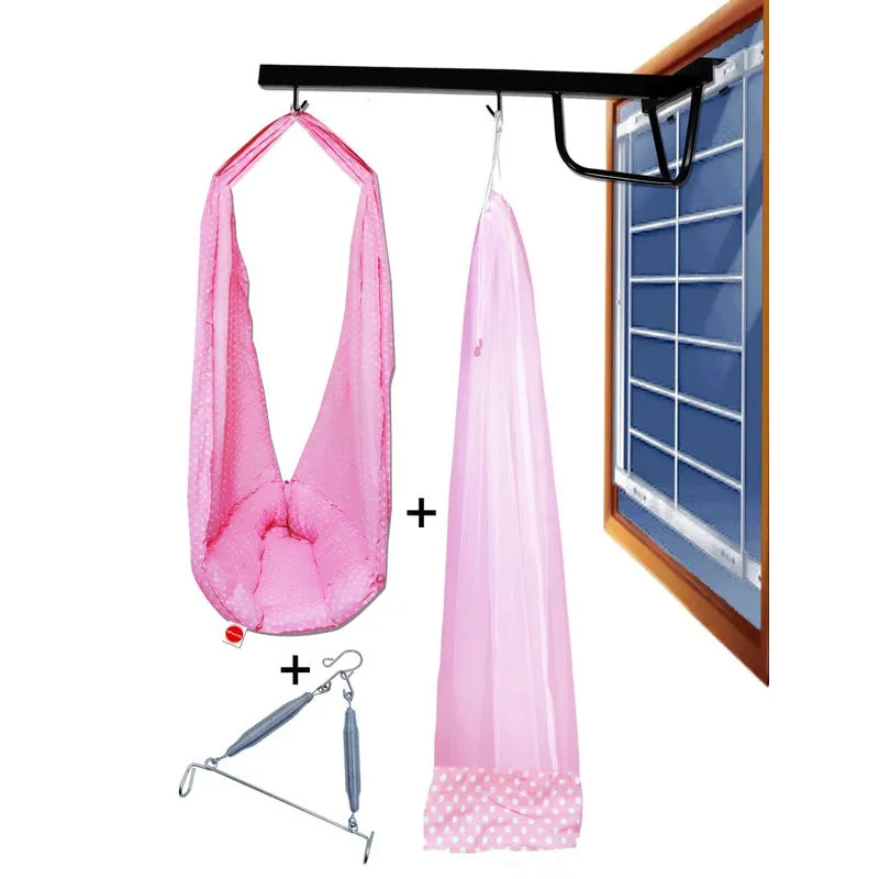 Baby Swing Cradle with Mosquito Net Spring and Metal Window Cradle Hanger (Pink)