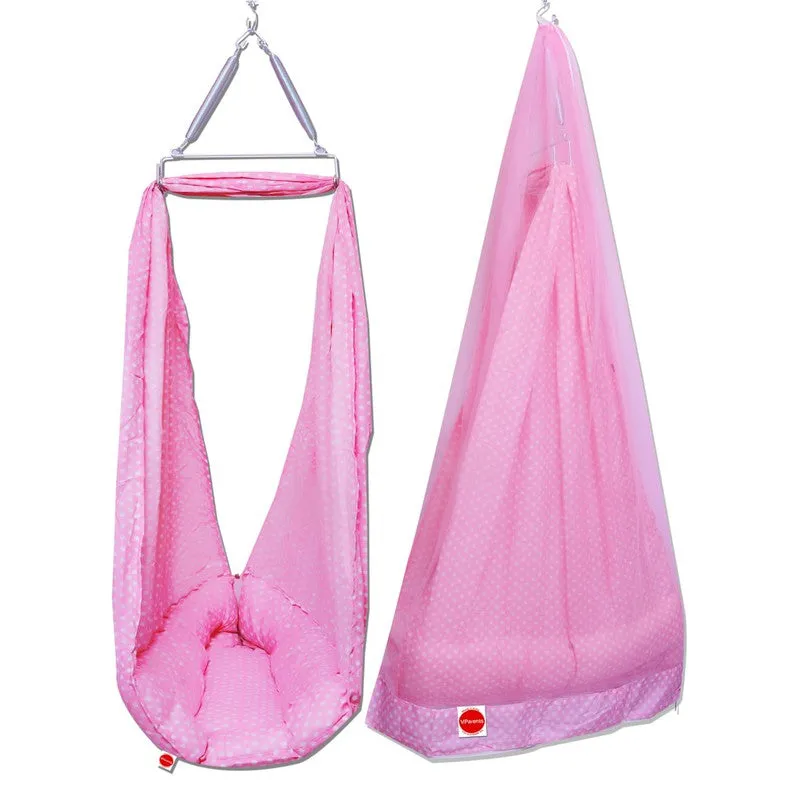 Baby Swing Cradle with Mosquito Net Spring and Metal Window Cradle Hanger (Pink)