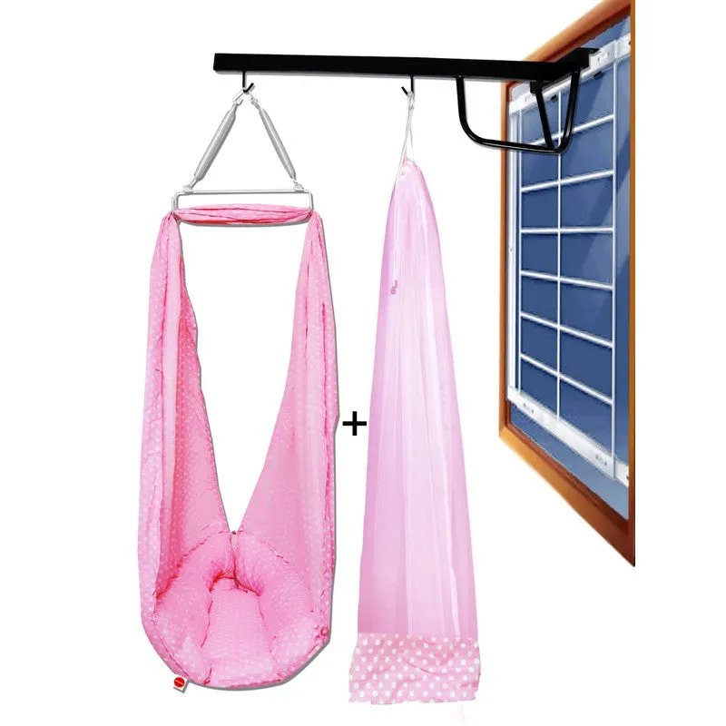 Baby Swing Cradle with Mosquito Net Spring and Metal Window Cradle Hanger (Pink)