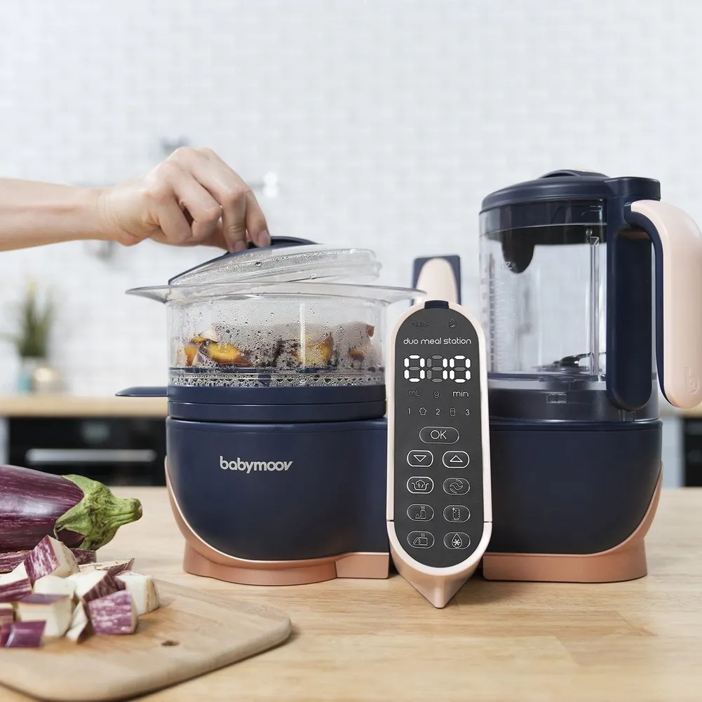 BabyMoov 6-in-1 Duo Meal Station XL Food Processor - Navy Blue with Rose Gold Trim