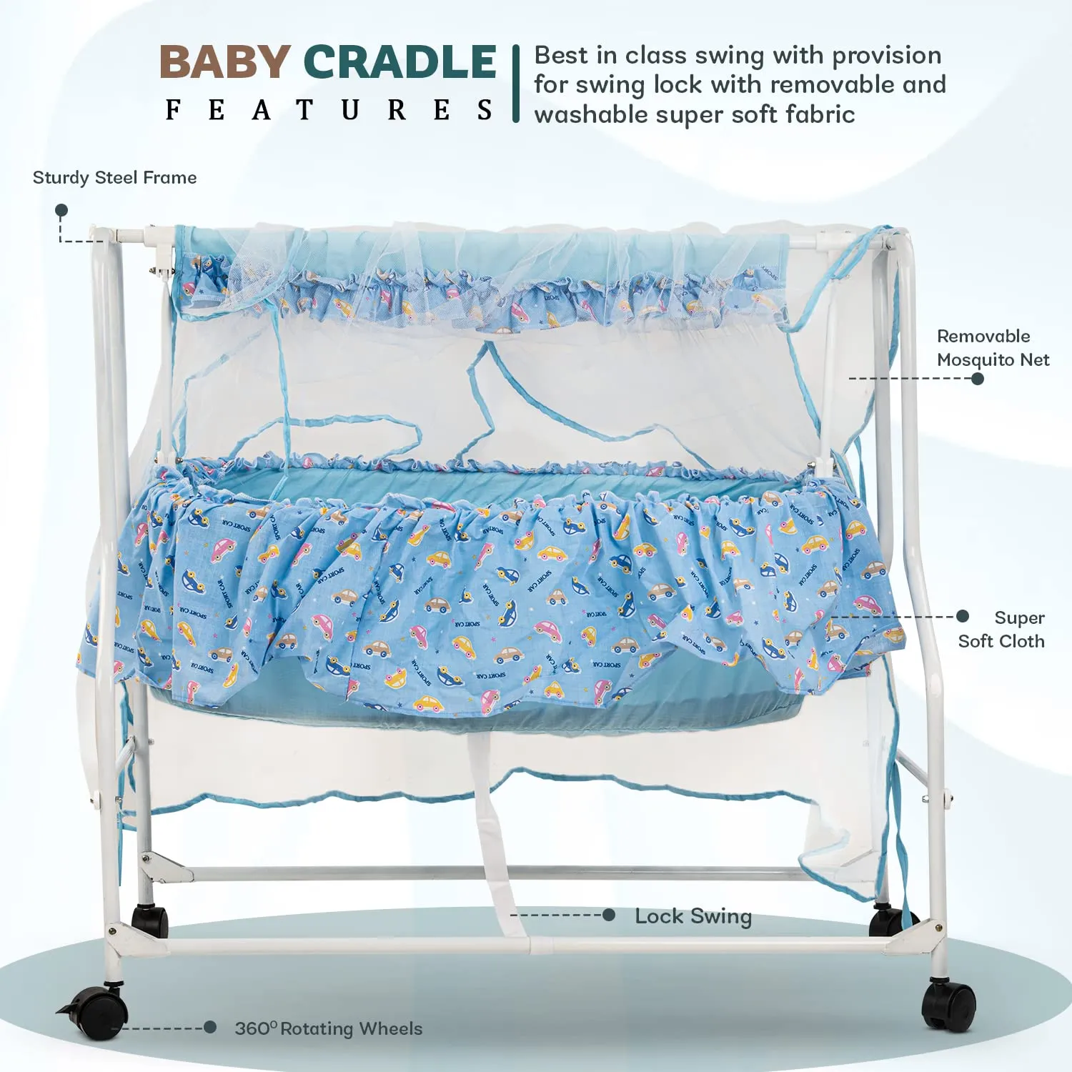 Baybee Bella Baby Swing Cradle for Baby with Mosquito Protection Net & Wheel