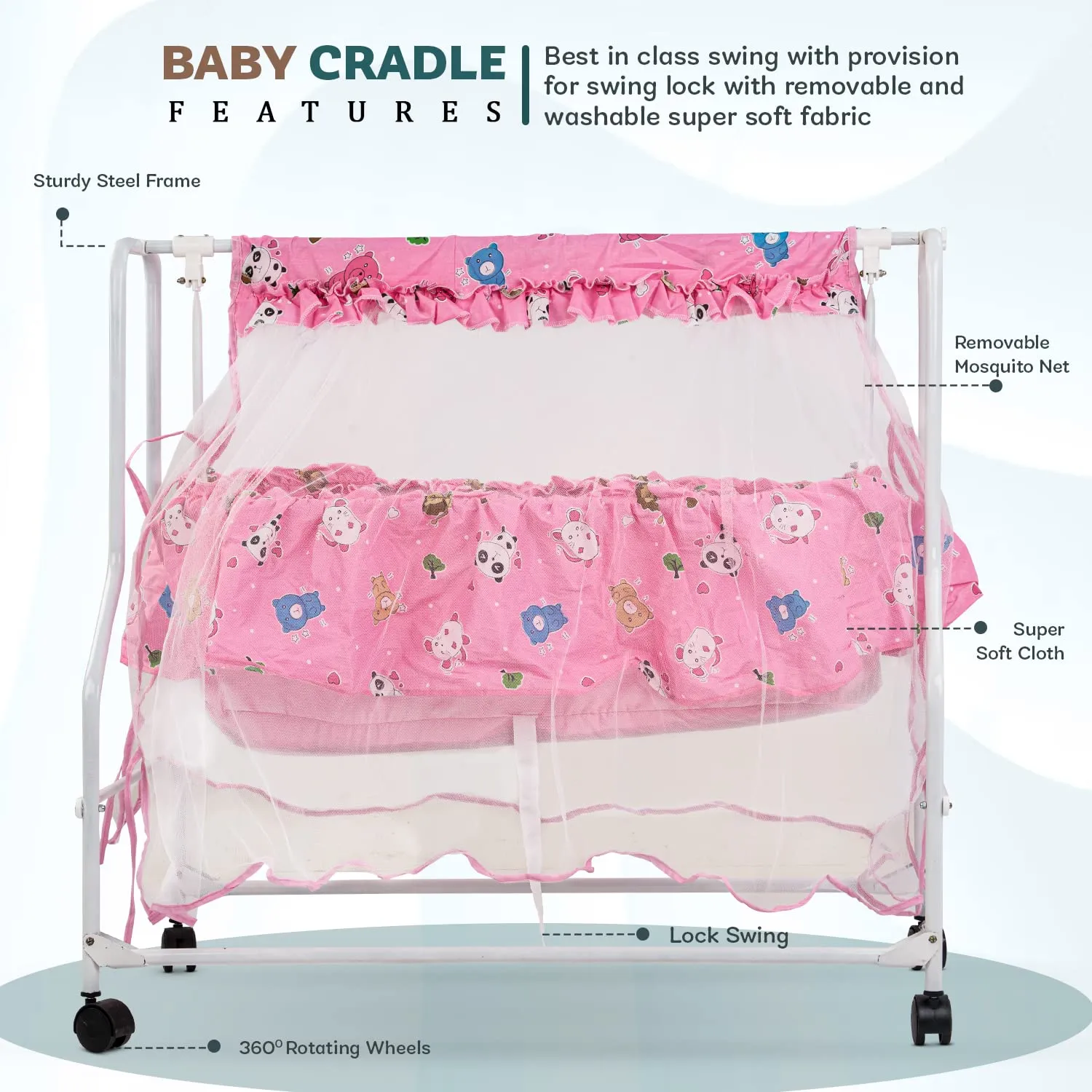 Baybee Bella Baby Swing Cradle for Baby with Mosquito Protection Net & Wheel