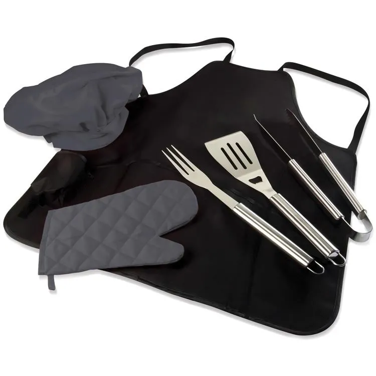 BBQ Apron Tote Pro Grill Set, Black with Dark Gray Accessories