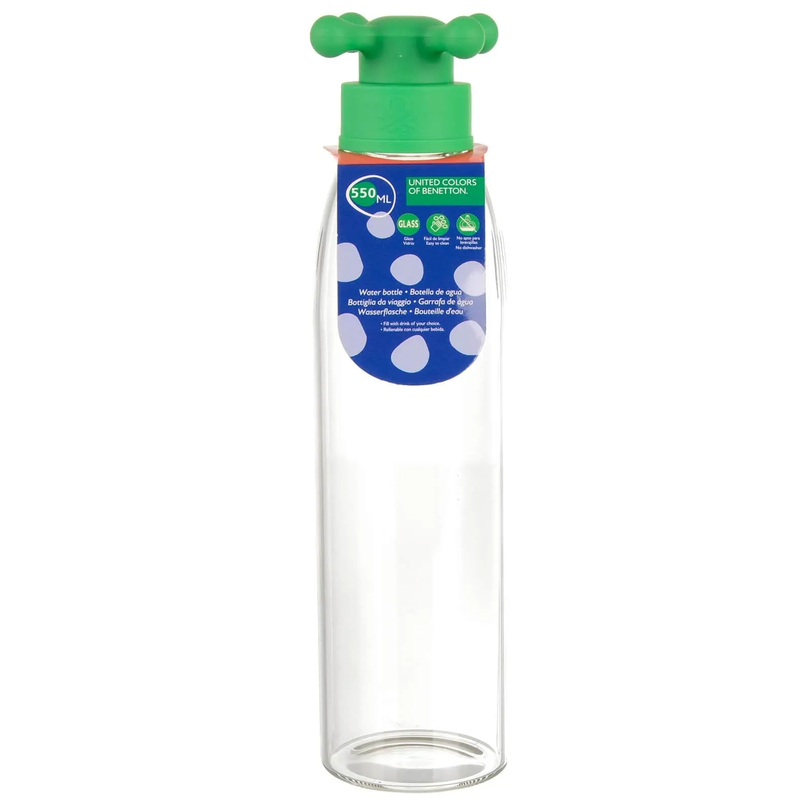 Benetton Water Bottle Borosilicate Glass Tap Handle Top 550ml