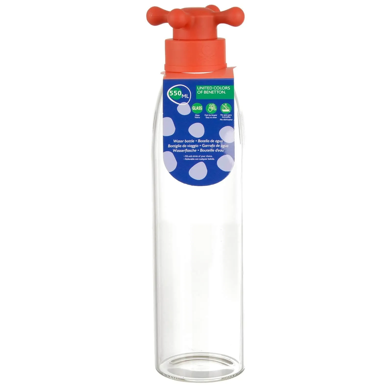 Benetton Water Bottle Borosilicate Glass Tap Handle Top 550ml