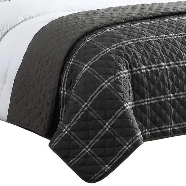 Benzara 8 Piece Queen Size Fabric Comforter Set with Oversized Check Prints, Black