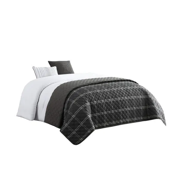 Benzara 8 Piece Queen Size Fabric Comforter Set with Oversized Check Prints, Black