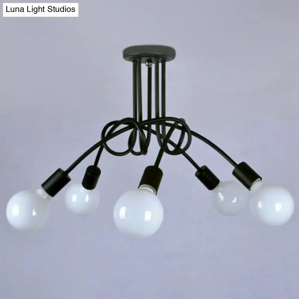 Black Metal Knot Chandelier with Bare Bulb Design - Industrial Living Room Lamp