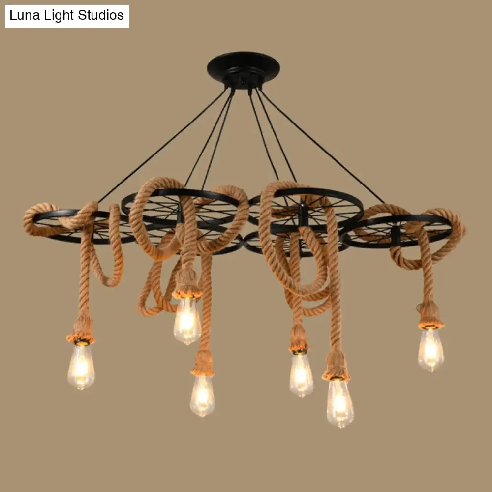 Black Metal Wheel Chandelier with Open Bulb Design - Perfect for Dining Room Lighting