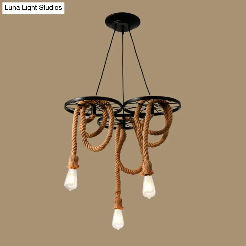 Black Metal Wheel Chandelier with Open Bulb Design - Perfect for Dining Room Lighting