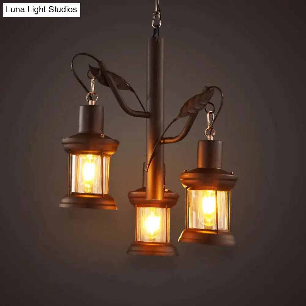 Black Tree Design Chandelier - 3 Head Kerosene Lamp Pendant with Clear Glass