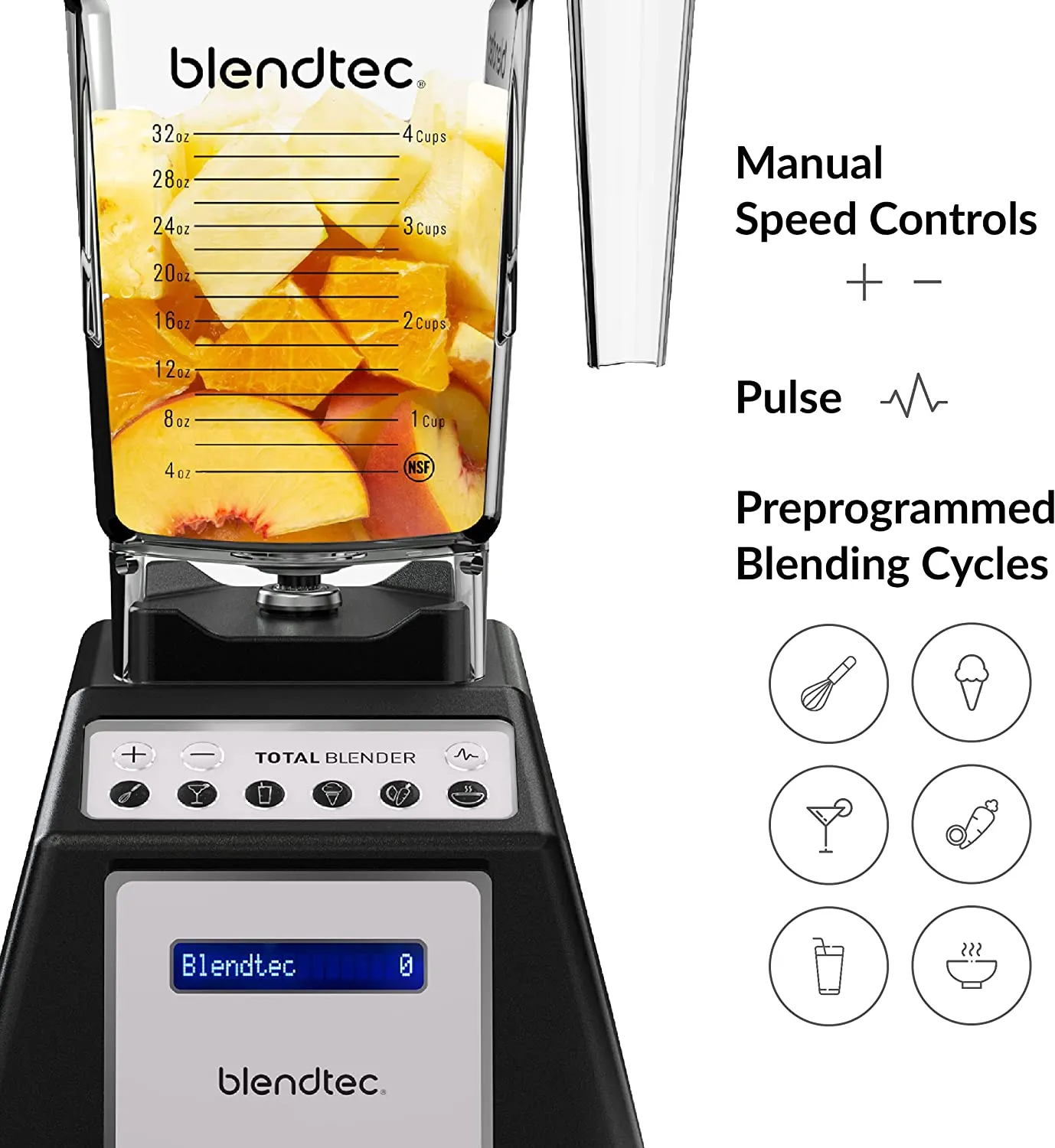 Blendtec Classic 575 FourSide Jar 75oz 6 Pre-programmed Cycles 10 speeds Blender Black