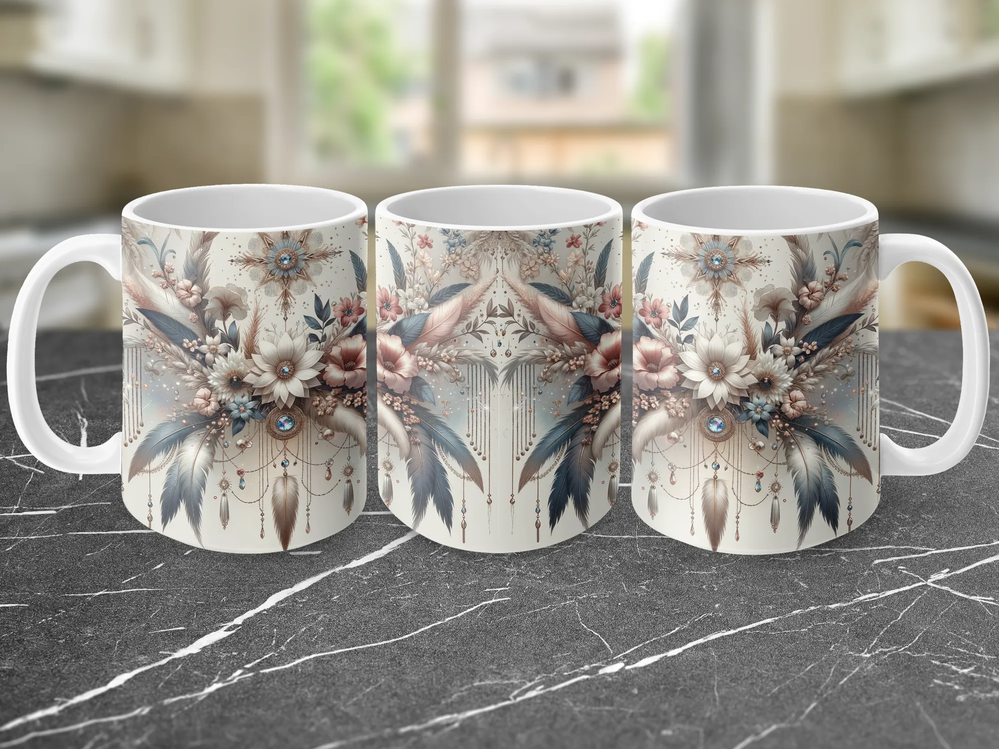 Boho Feathers and Floral Design, Boho Coffee Mug, Feathers and Flowers Coffee Mug, Cute Coffee Mug Gift for Her, Boho Design Coffee Mug