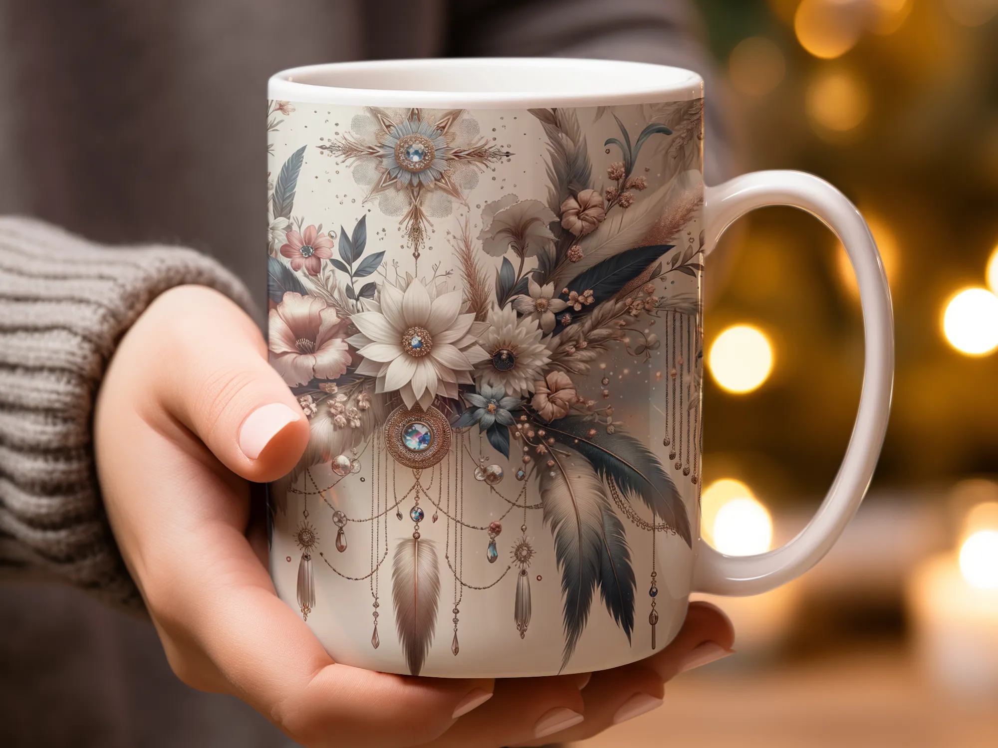 Boho Feathers and Floral Design, Boho Coffee Mug, Feathers and Flowers Coffee Mug, Cute Coffee Mug Gift for Her, Boho Design Coffee Mug