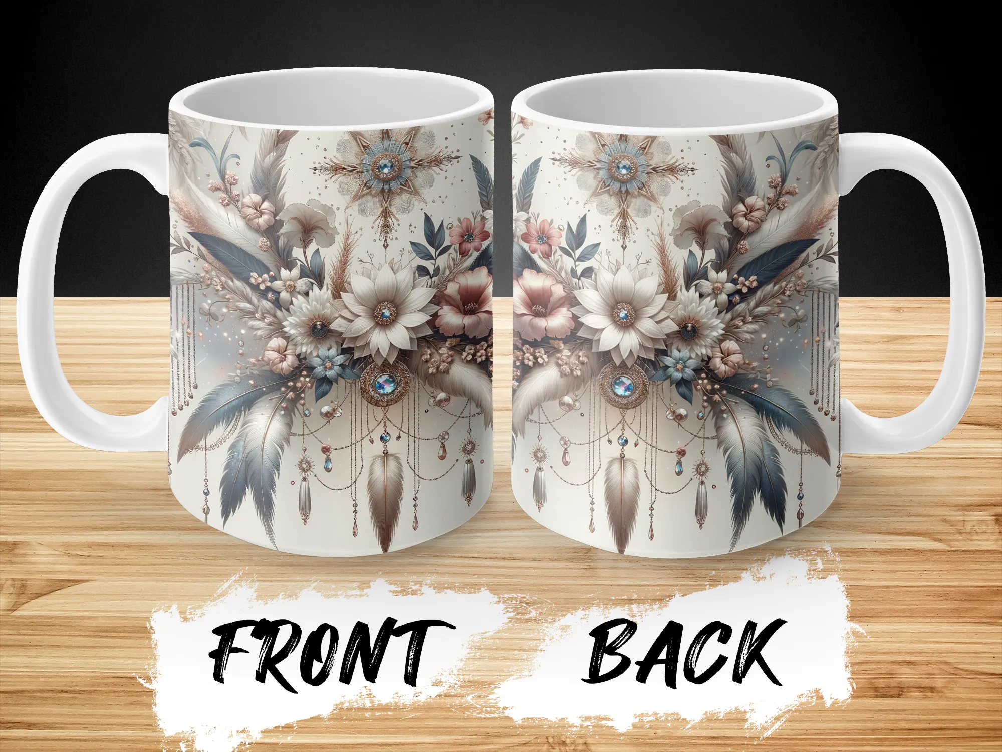 Boho Feathers and Floral Design, Boho Coffee Mug, Feathers and Flowers Coffee Mug, Cute Coffee Mug Gift for Her, Boho Design Coffee Mug